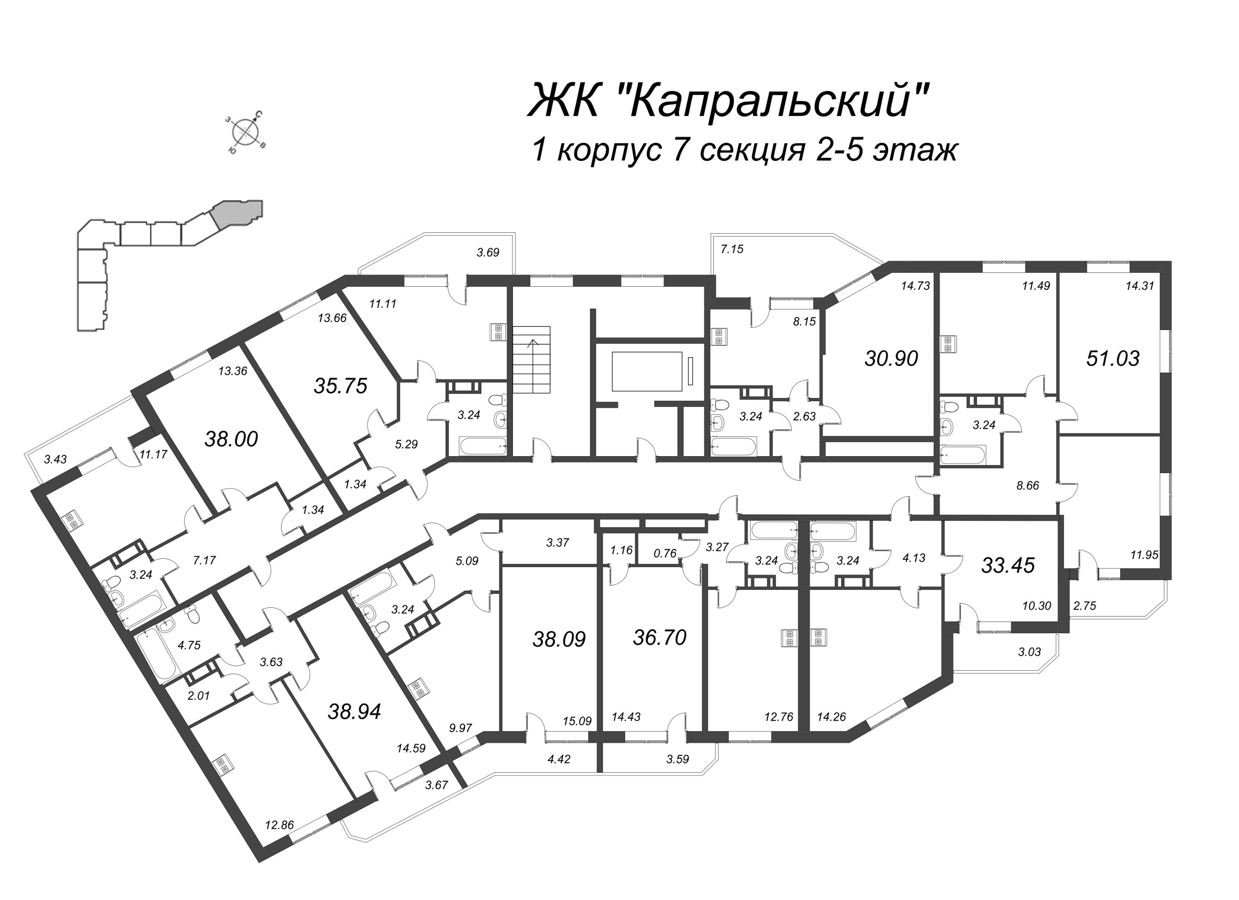 1-комнатная квартира, 30.9 м² в ЖК "Капральский" - планировка этажа