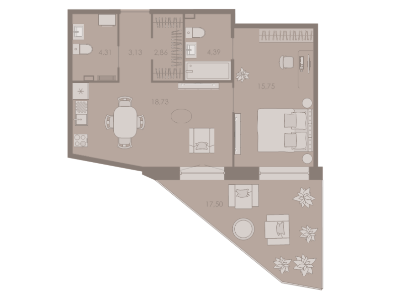 2-комнатная (Евро) квартира, 54.3 м² - планировка, фото №1