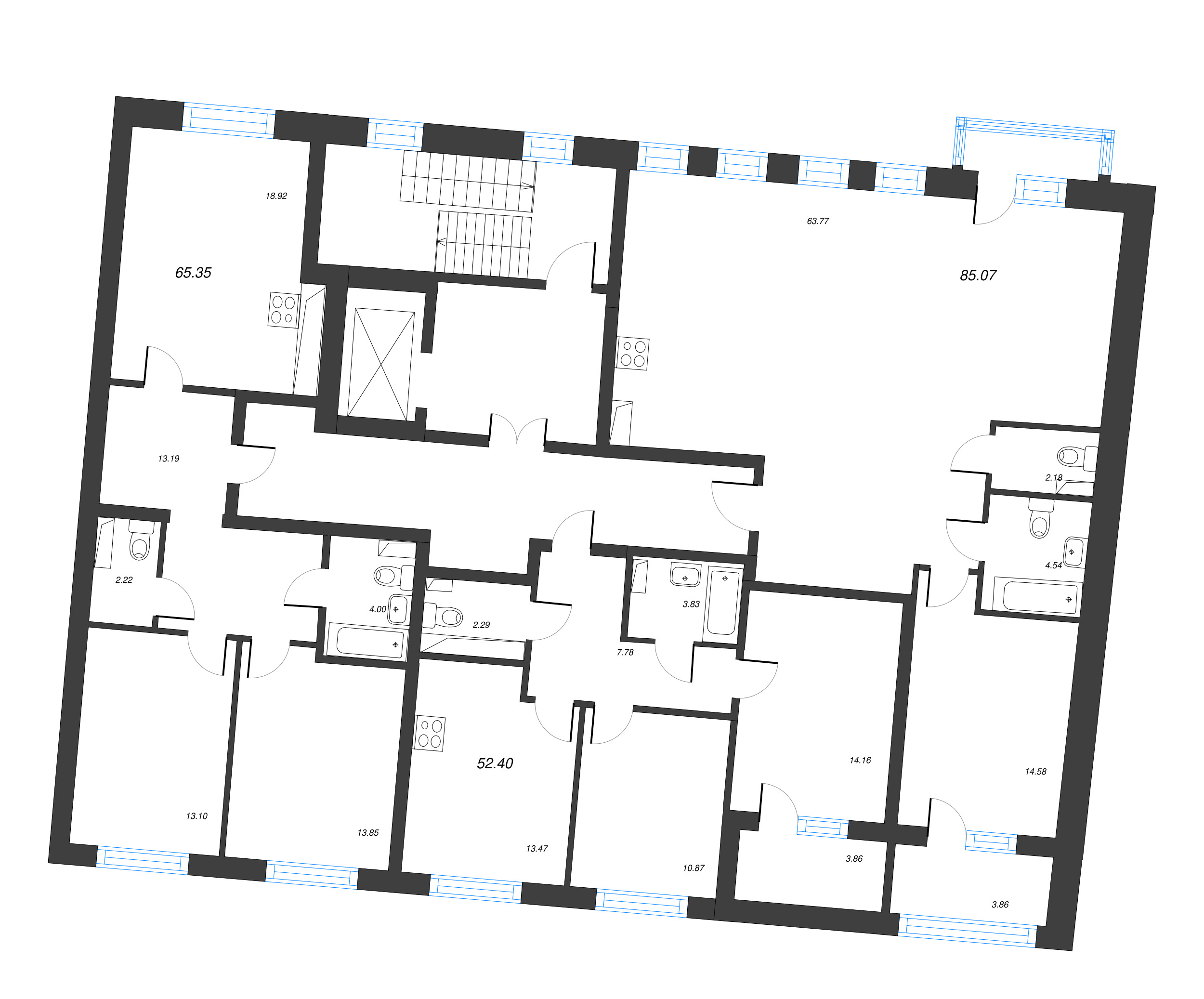 2-комнатная квартира, 54.33 м² в ЖК "Кронфорт. Центральный" - планировка этажа