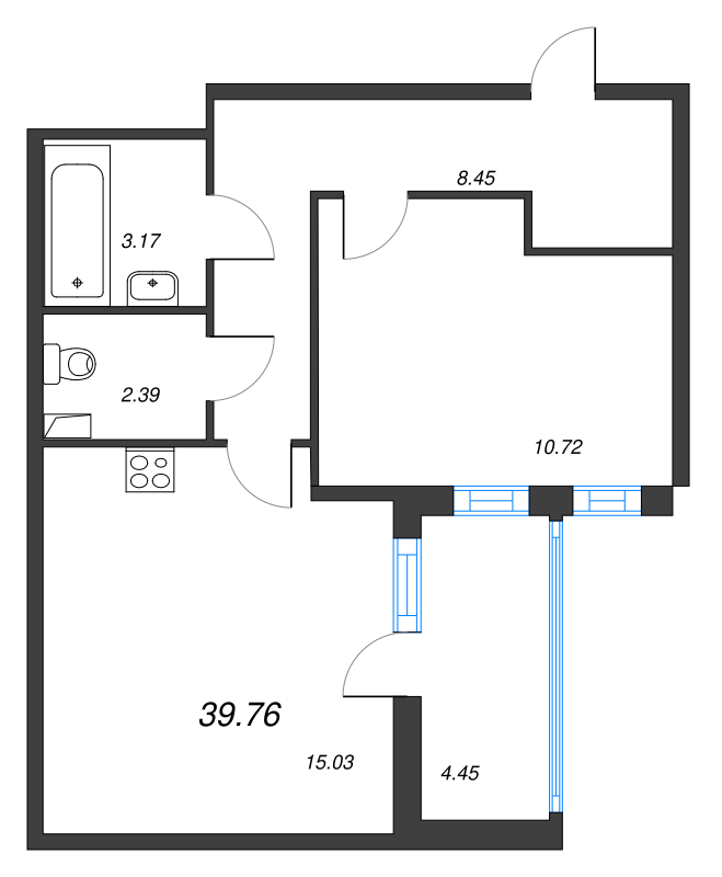 2-комнатная (Евро) квартира, 39.76 м² в ЖК "Любоград" - планировка, фото №1