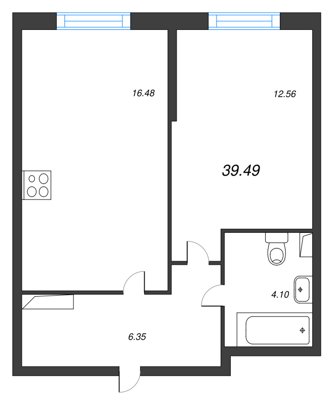2-комнатная (Евро) квартира, 39.49 м² - планировка, фото №1