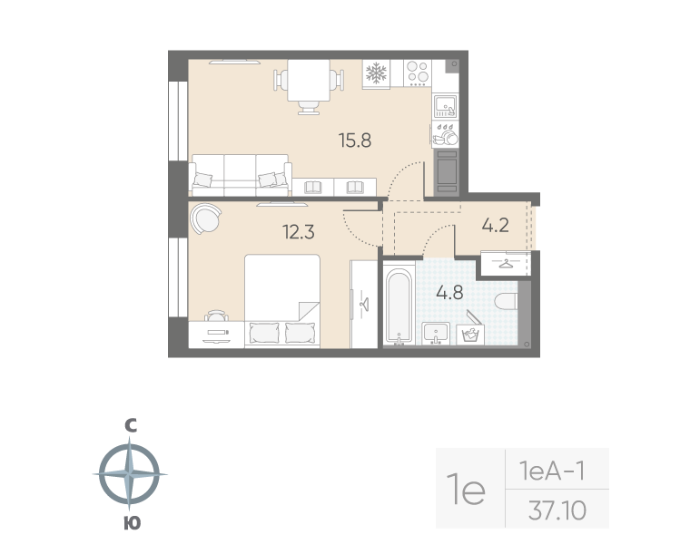 2-комнатная (Евро) квартира, 37.1 м² в ЖК "Большая Охта" - планировка, фото №1