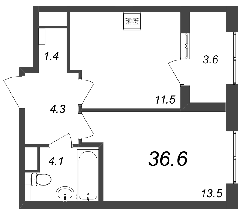 1-комнатная квартира, 36.5 м² в ЖК "Галактика" - планировка, фото №1