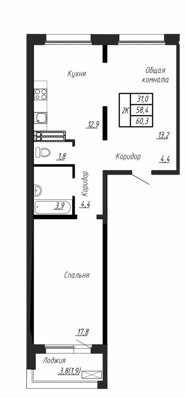 2-комнатная квартира, 60.3 м² в ЖК "Сибирь" - планировка, фото №1