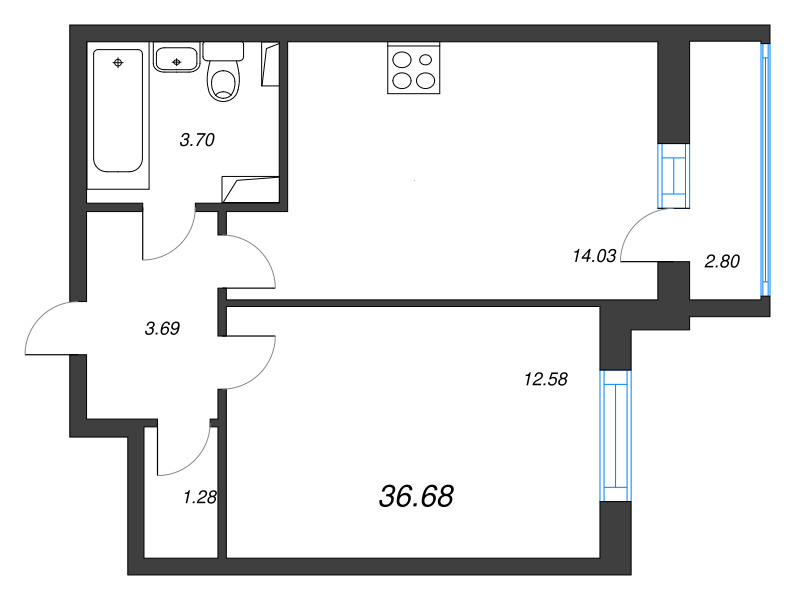 2-комнатная (Евро) квартира, 36.68 м² в ЖК "Кинопарк" - планировка, фото №1