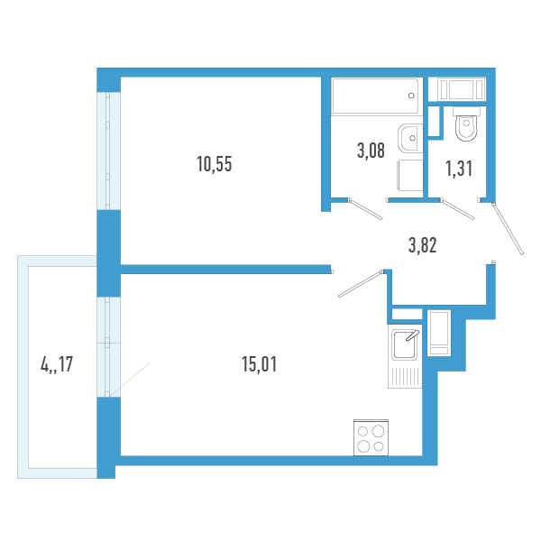 2-комнатная (Евро) квартира, 35.02 м² в ЖК "AEROCITY" - планировка, фото №1