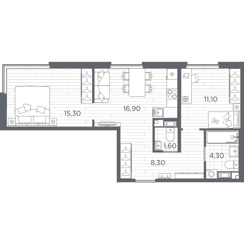 3-комнатная (Евро) квартира, 57.5 м² в ЖК "PLUS Пулковский" - планировка, фото №1