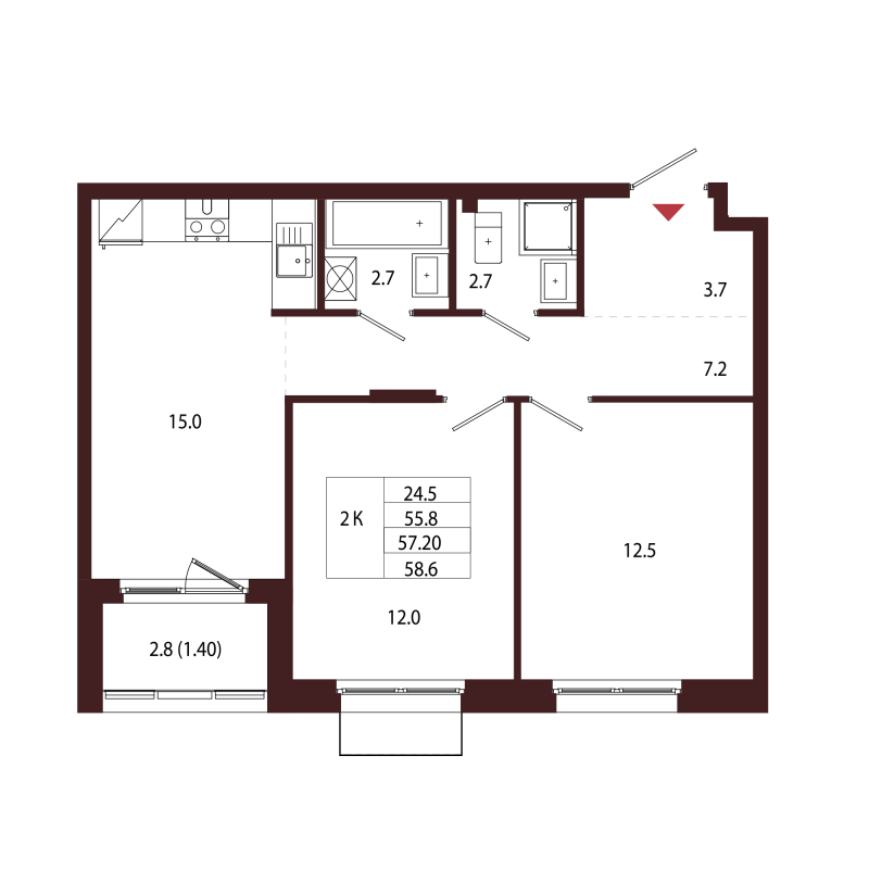 3-комнатная (Евро) квартира, 57.2 м² в ЖК "Лисино" - планировка, фото №1