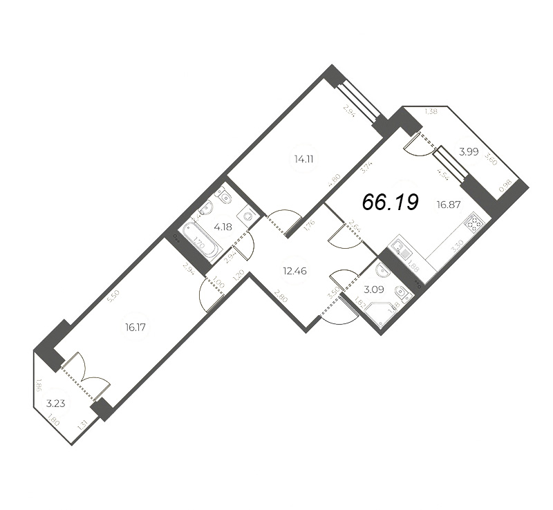 3-комнатная (Евро) квартира, 69.79 м² в ЖК "Огни Залива" - планировка, фото №1