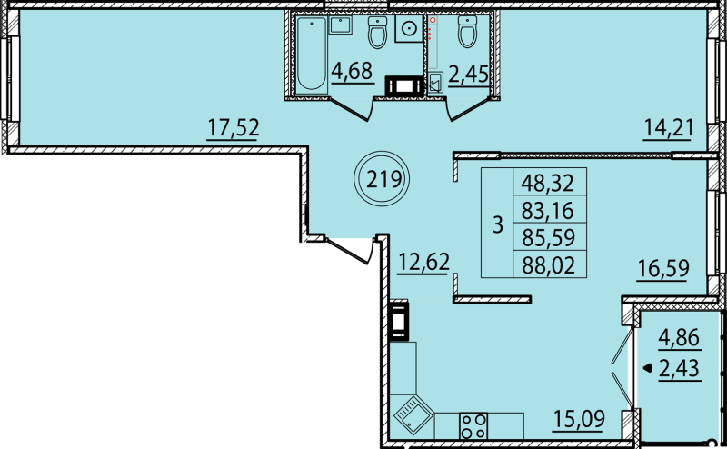 3-комнатная квартира, 83.16 м² в ЖК "Образцовый квартал 15" - планировка, фото №1