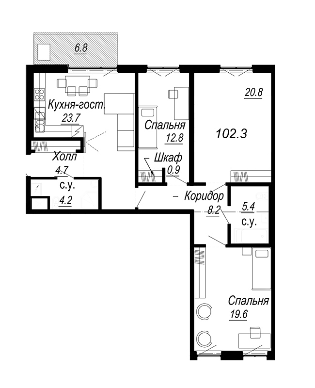 4-комнатная (Евро) квартира, 106.1 м² - планировка, фото №1