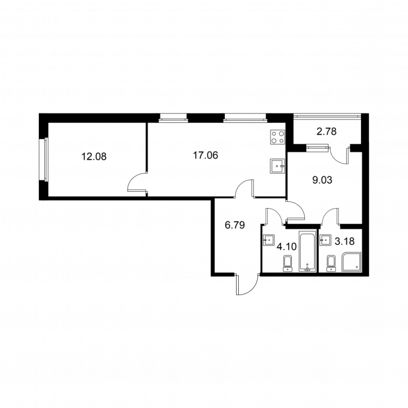 3-комнатная (Евро) квартира, 53.63 м² - планировка, фото №1
