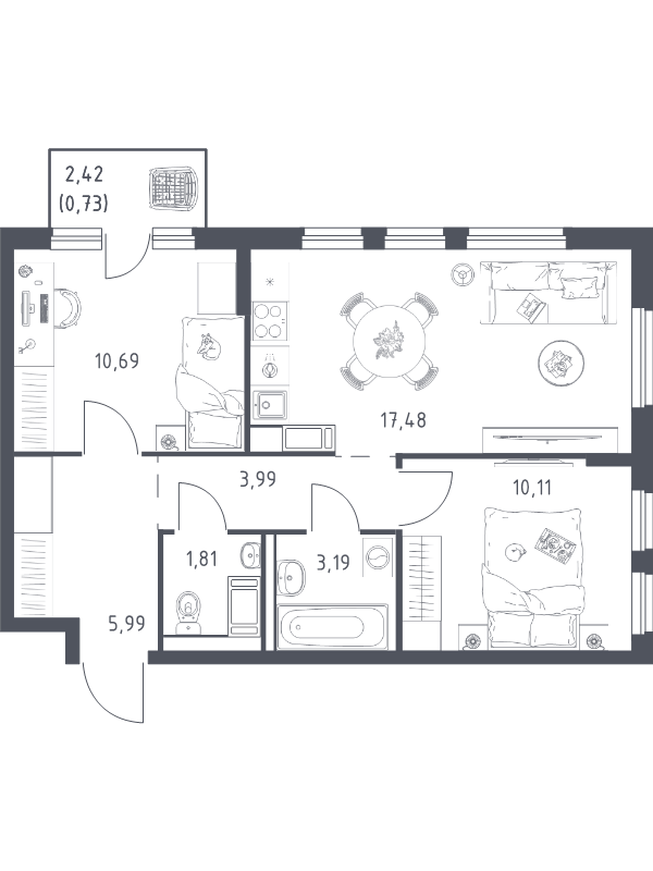 3-комнатная (Евро) квартира, 53.99 м² в ЖК "Новое Колпино" - планировка, фото №1