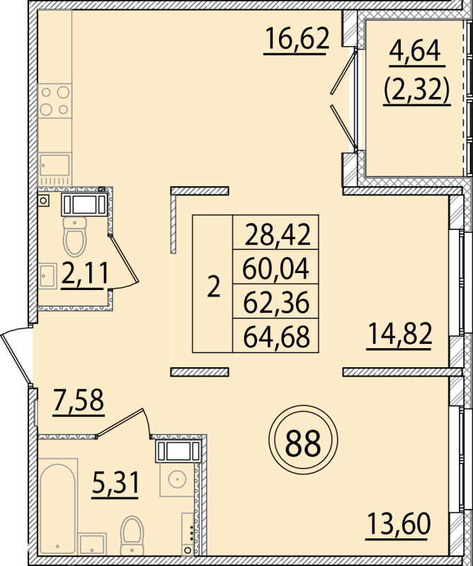 3-комнатная (Евро) квартира, 60.04 м² - планировка, фото №1