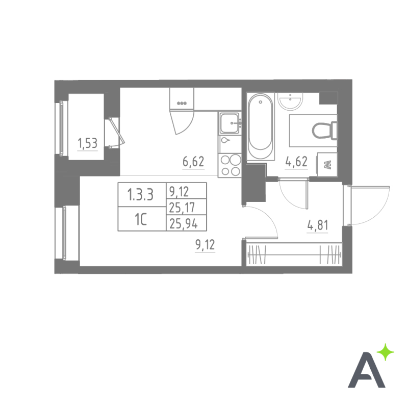 Квартира-студия, 25.94 м² в ЖК "Аквилон Solar" - планировка, фото №1