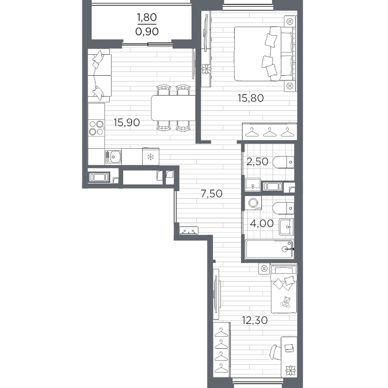3-комнатная (Евро) квартира, 58.9 м² в ЖК "PLUS Пулковский" - планировка, фото №1