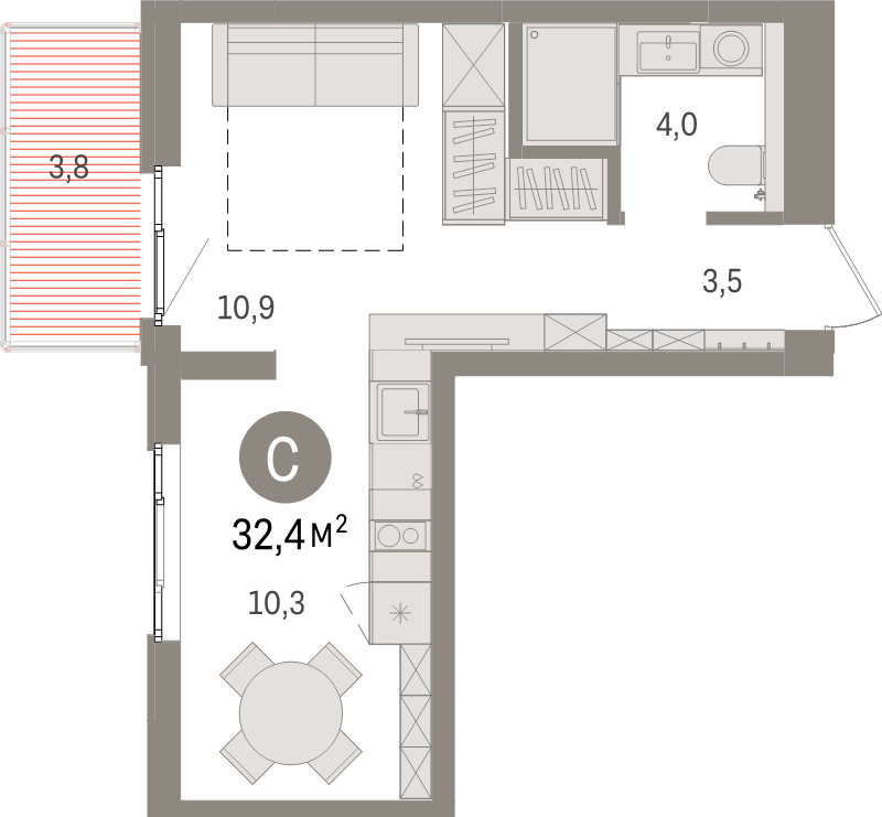 Квартира-студия, 32.4 м² в ЖК "Брусника в Новоселье" - планировка, фото №1