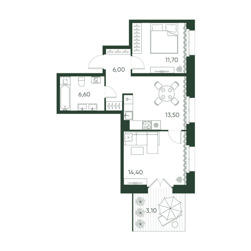 2-комнатная квартира, 55.3 м² в ЖК "Моисеенко 10" - планировка, фото №1
