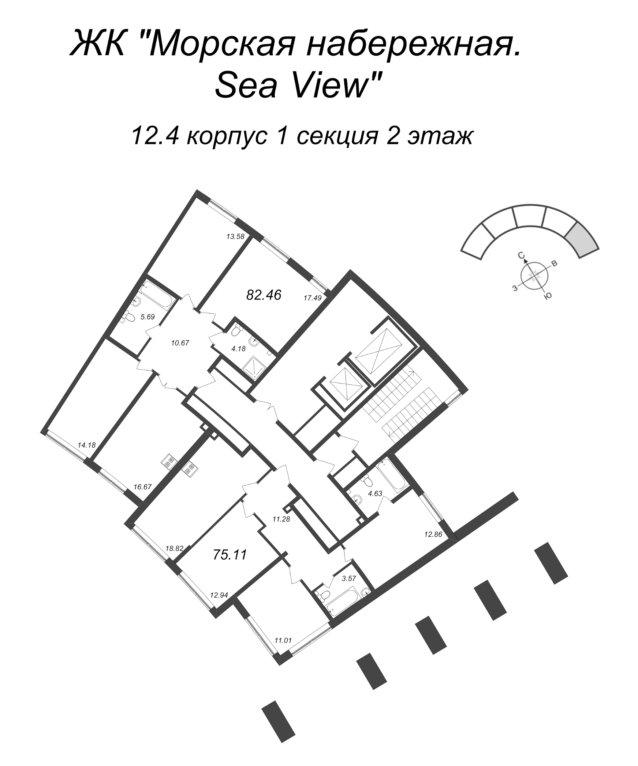 4-комнатная (Евро) квартира, 75.11 м² в ЖК "Морская набережная. SeaView" - планировка этажа