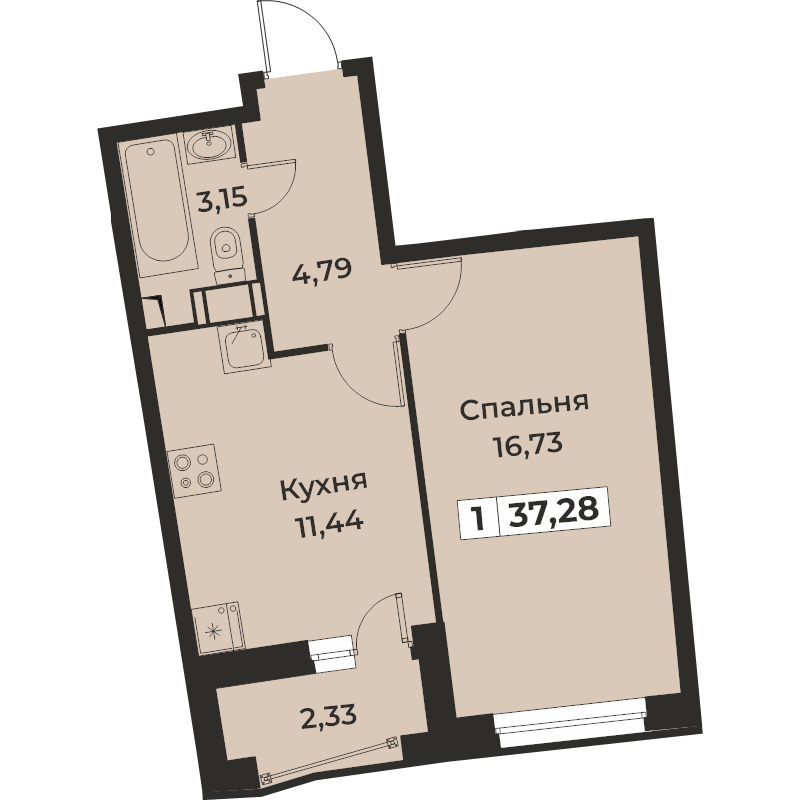 1-комнатная квартира, 37.28 м² - планировка, фото №1