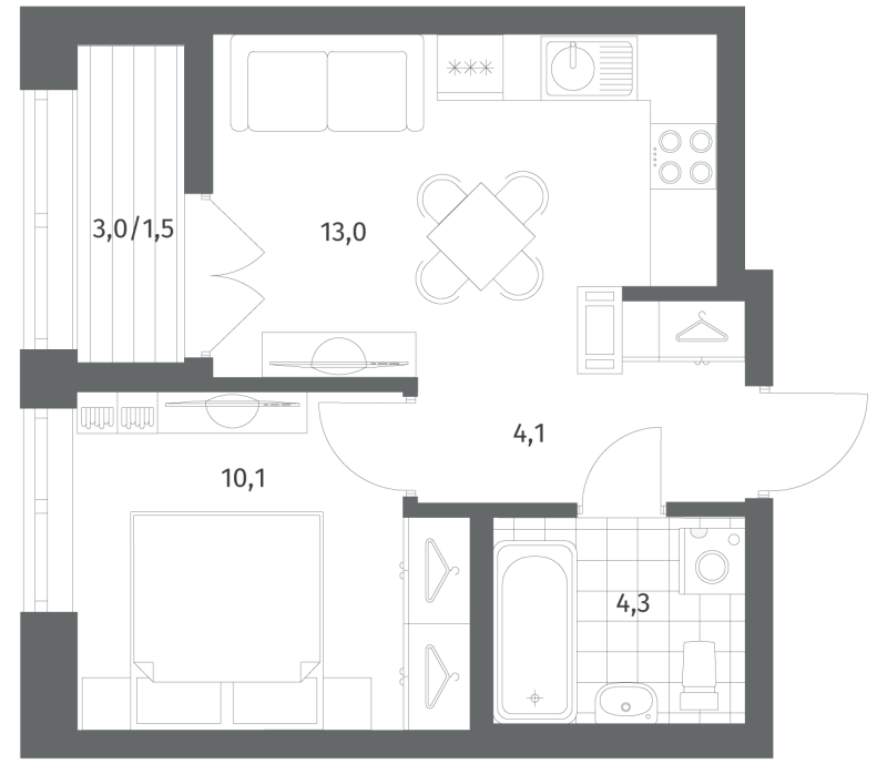 1-комнатная квартира, 33.01 м² в ЖК "NewПитер 2.0" - планировка, фото №1