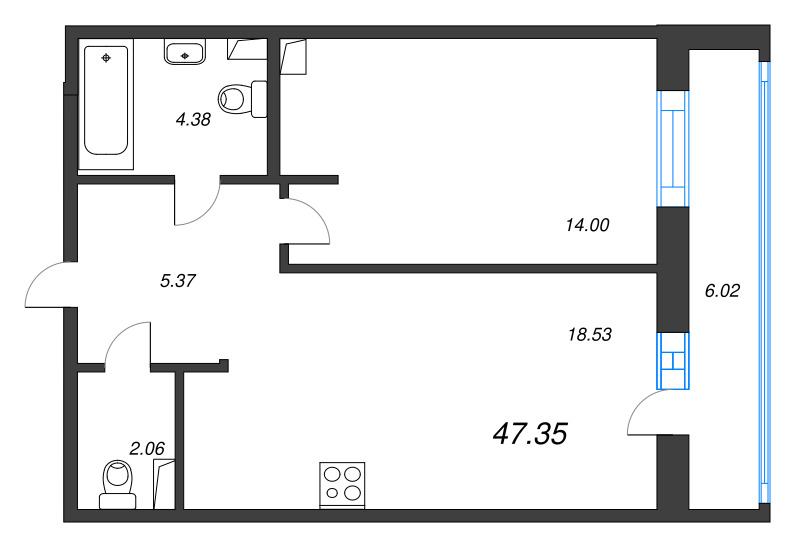 2-комнатная (Евро) квартира, 47.35 м² в ЖК "Энфилд" - планировка, фото №1