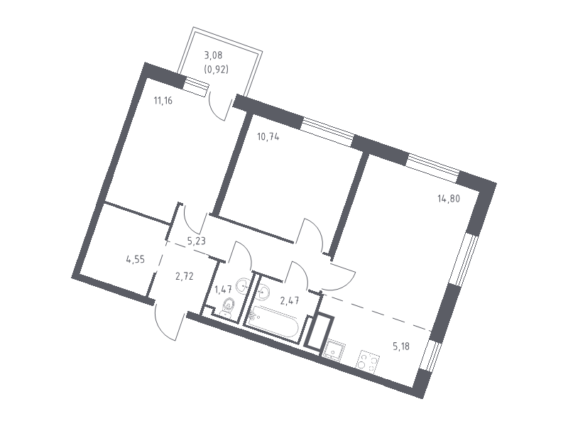 3-комнатная (Евро) квартира, 59.24 м² в ЖК "Квартал Лаголово" - планировка, фото №1