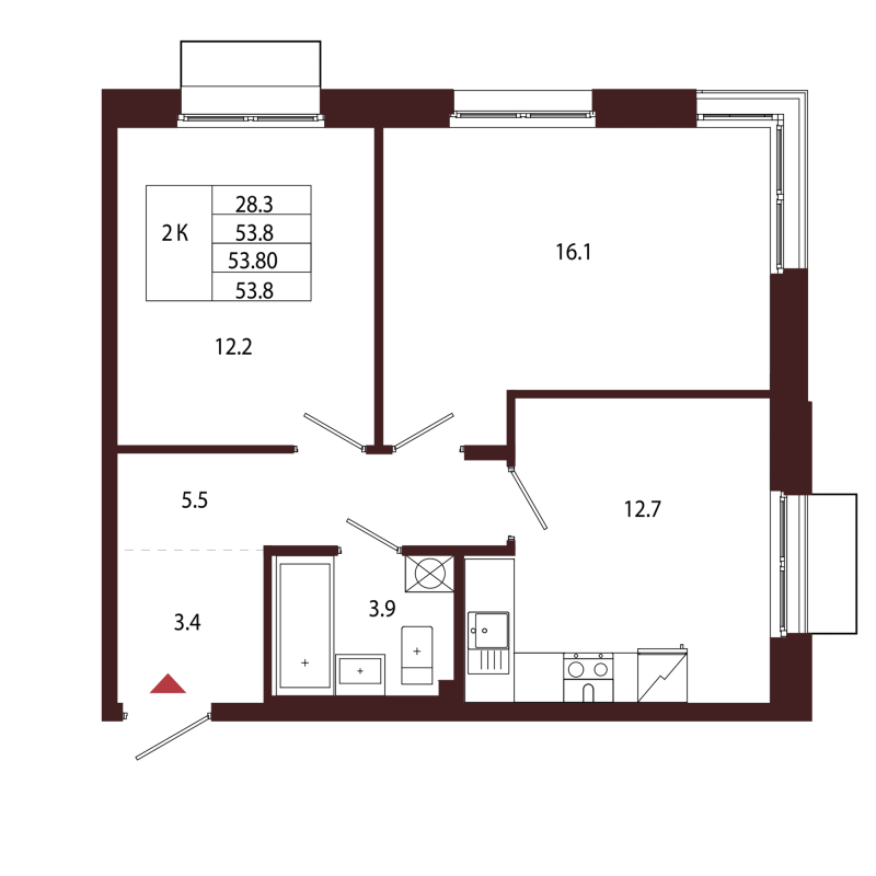 2-комнатная квартира, 53.8 м² в ЖК "Лисино" - планировка, фото №1