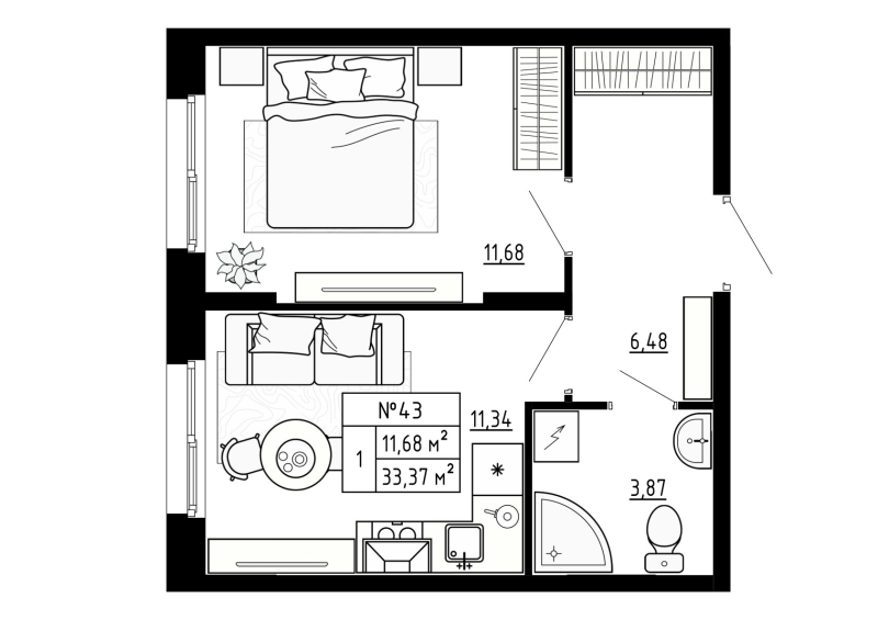 1-комнатная квартира, 33.37 м² - планировка, фото №1