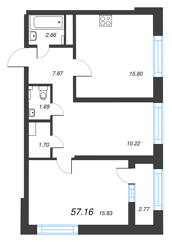 3-комнатная (Евро) квартира, 57.16 м² - планировка, фото №1
