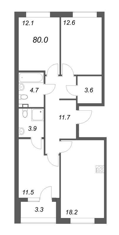 4-комнатная (Евро) квартира, 80 м² в ЖК "Пулковский дом" - планировка, фото №1