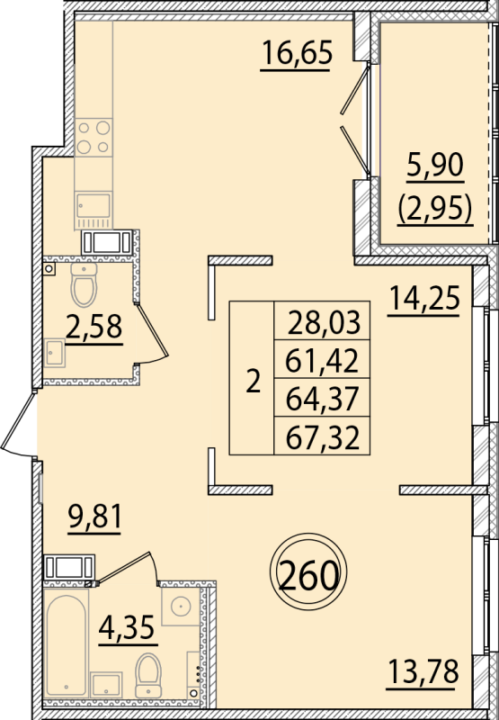 3-комнатная (Евро) квартира, 61.42 м² - планировка, фото №1