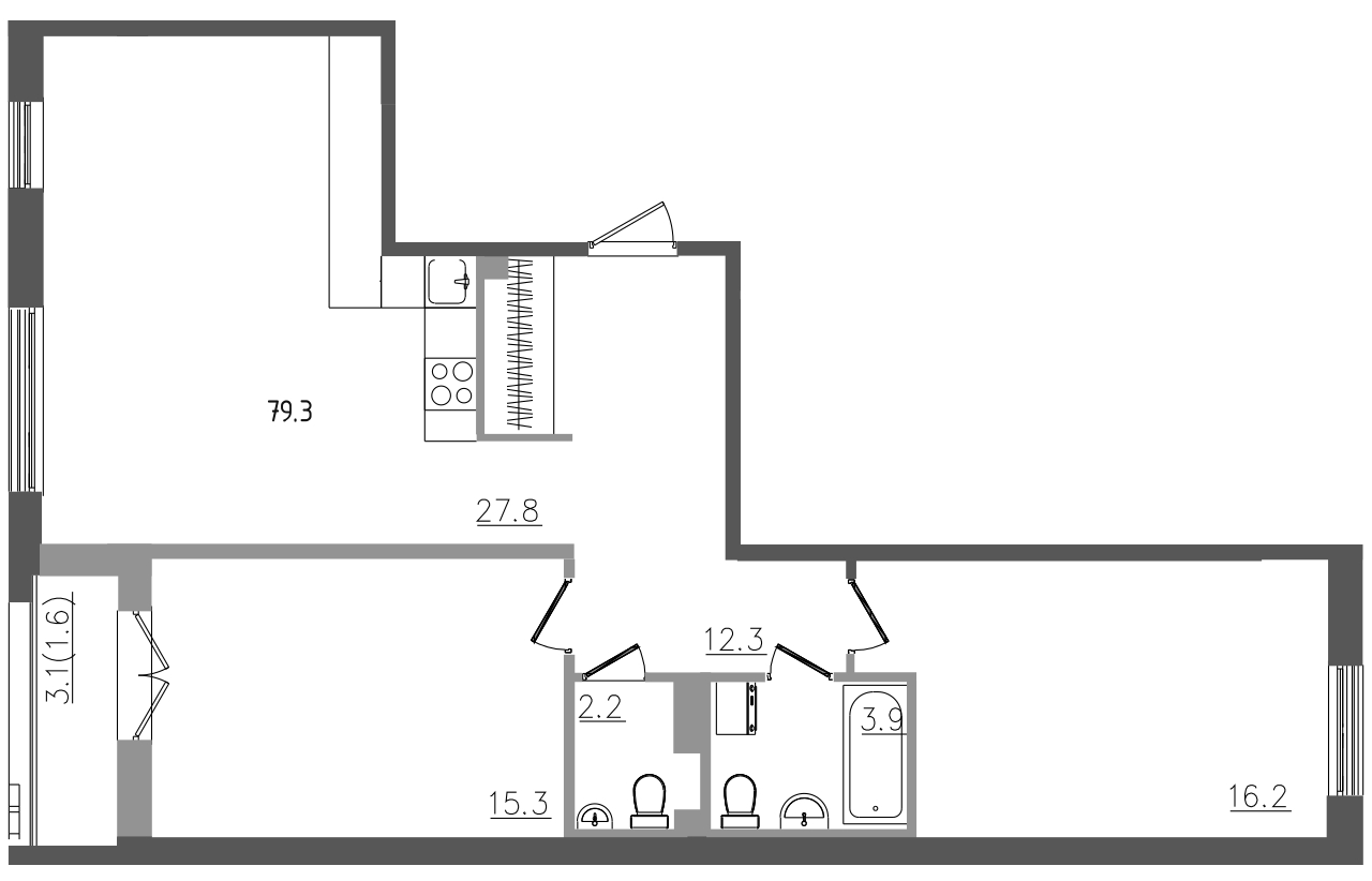 3-комнатная (Евро) квартира, 79.3 м² - планировка, фото №1