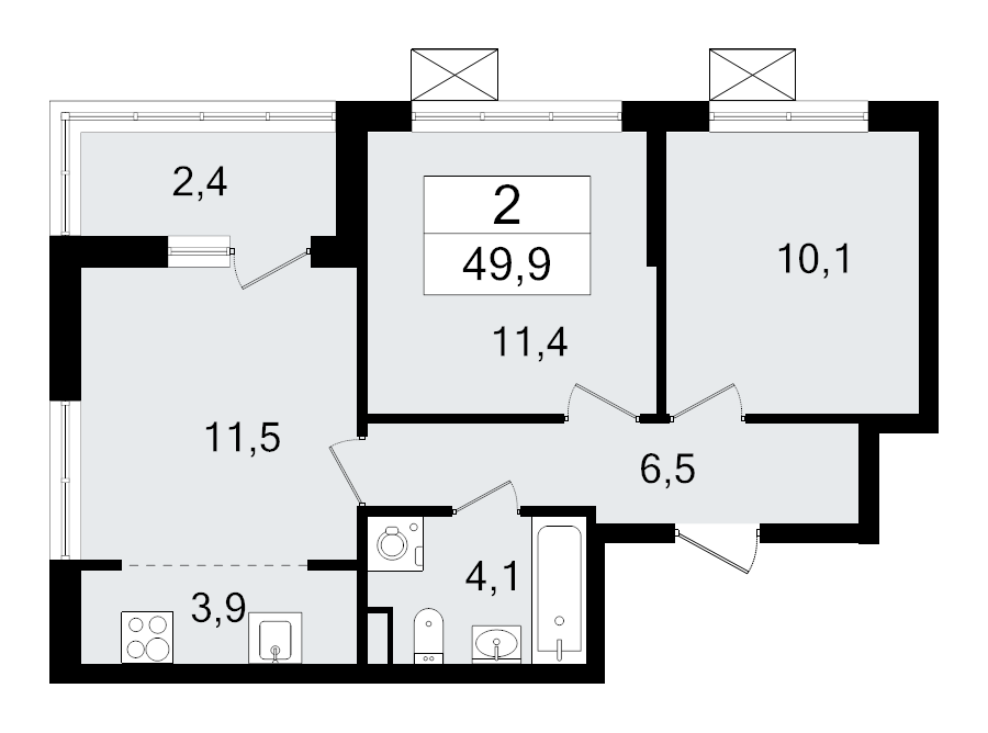 3-комнатная (Евро) квартира, 49.9 м² - планировка, фото №1
