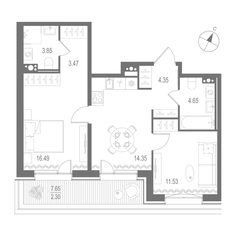 2-комнатная квартира, 60.99 м² - планировка, фото №1