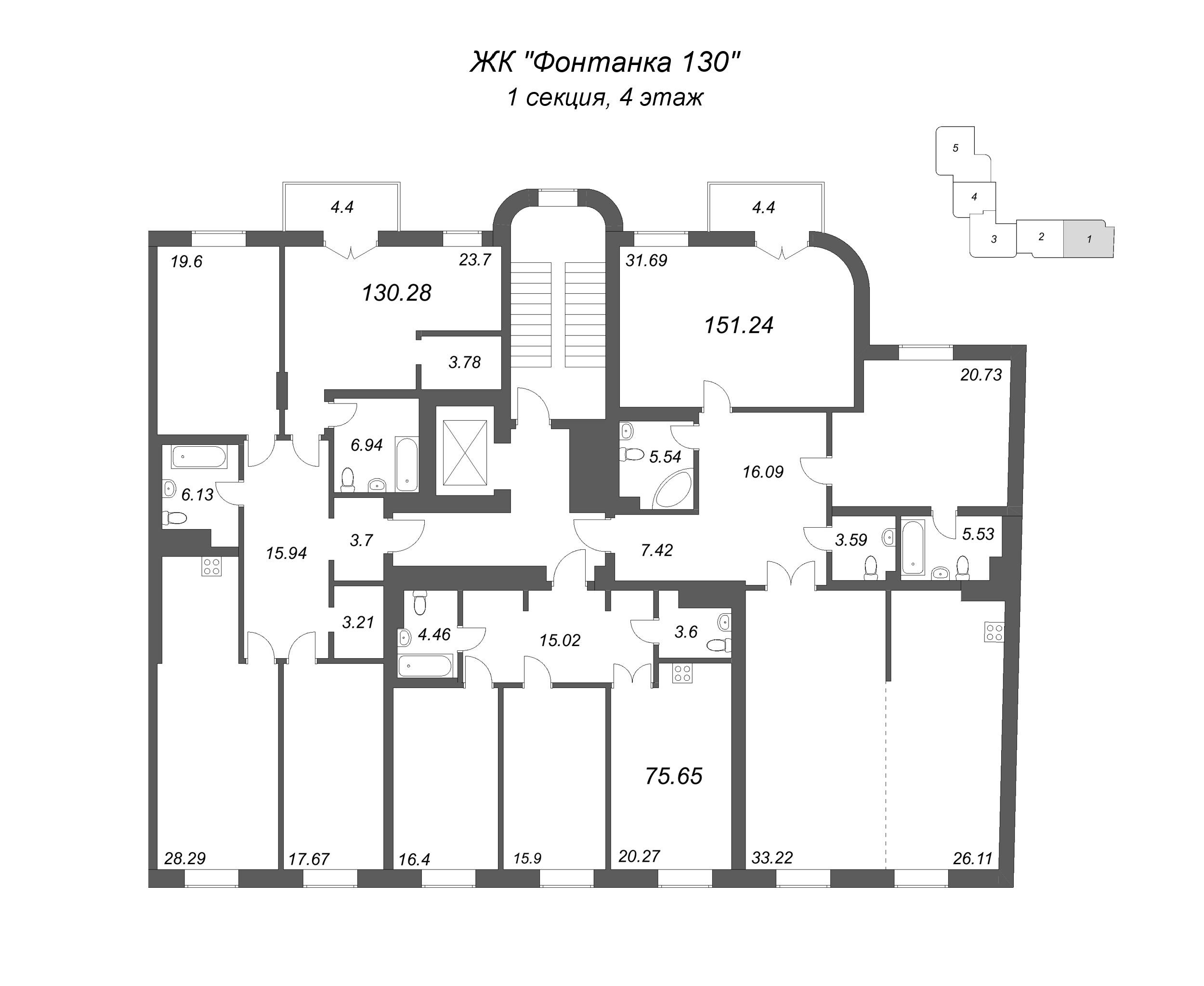 3-комнатная (Евро) квартира, 75.65 м² в ЖК "Фонтанка 130" - планировка этажа