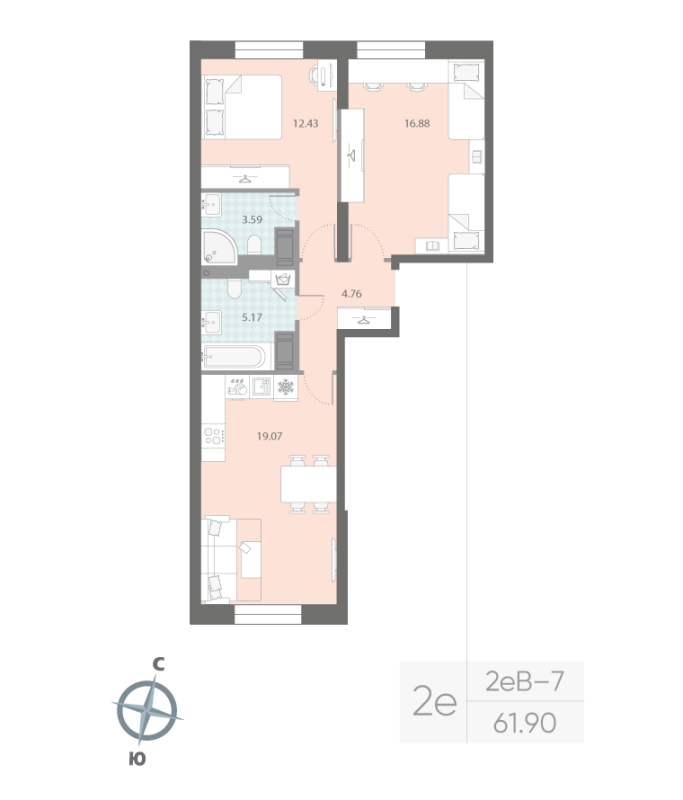 3-комнатная (Евро) квартира, 61.9 м² в ЖК "Цивилизация на неве" - планировка, фото №1