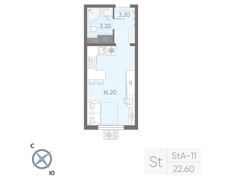 Квартира-студия, 22.6 м² в ЖК "Ручьи" - планировка, фото №1