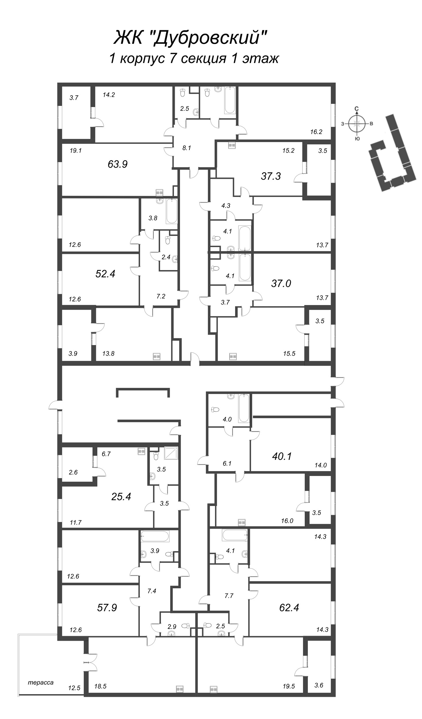 2-комнатная квартира, 52.4 м² в ЖК "Дубровский" - планировка этажа