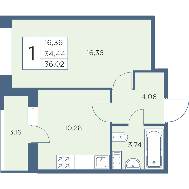 1-комнатная квартира, 36.02 м² - планировка, фото №1