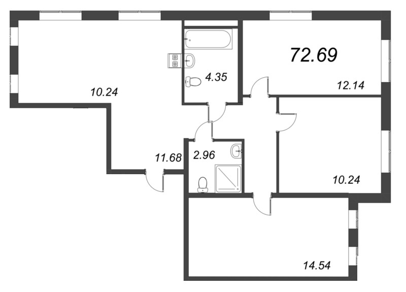 4-комнатная (Евро) квартира, 72.69 м² в ЖК "Мурино Space" - планировка, фото №1