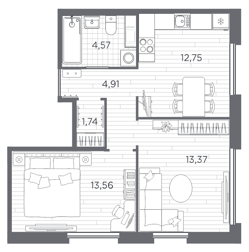 2-комнатная квартира, 50.9 м² в ЖК "PLUS Пулковский" - планировка, фото №1