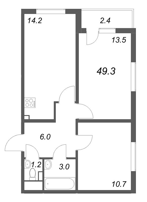 2-комнатная квартира, 49.3 м² в ЖК "ЛСР. Ржевский парк" - планировка, фото №1