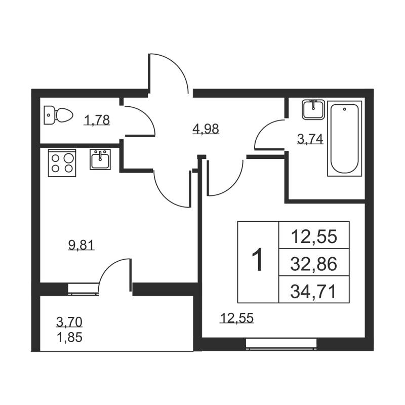 1-комнатная квартира, 34.71 м² в ЖК "Высота" - планировка, фото №1