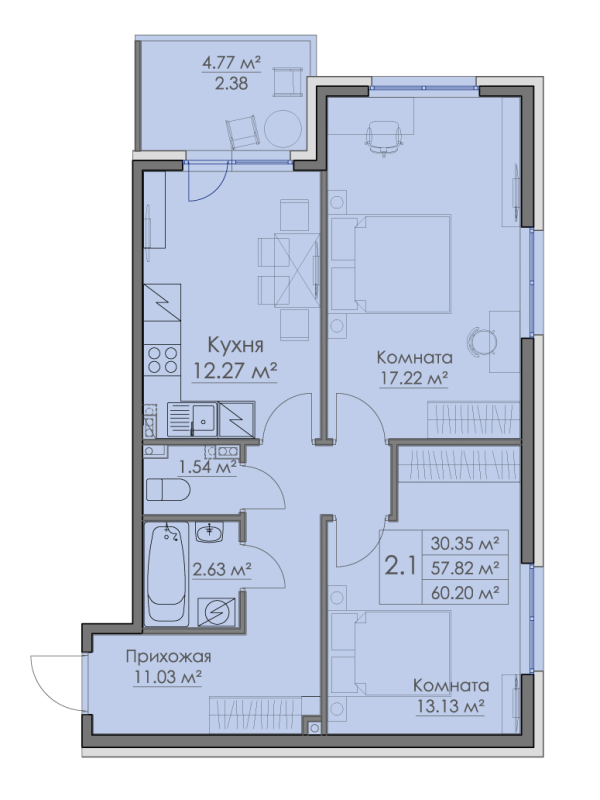 2-комнатная квартира, 60.2 м² в ЖК "Малая Финляндия" - планировка, фото №1