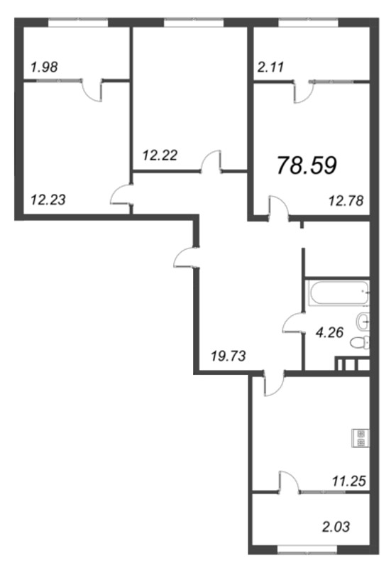 3-комнатная квартира, 78.59 м² в ЖК "Pixel" - планировка, фото №1