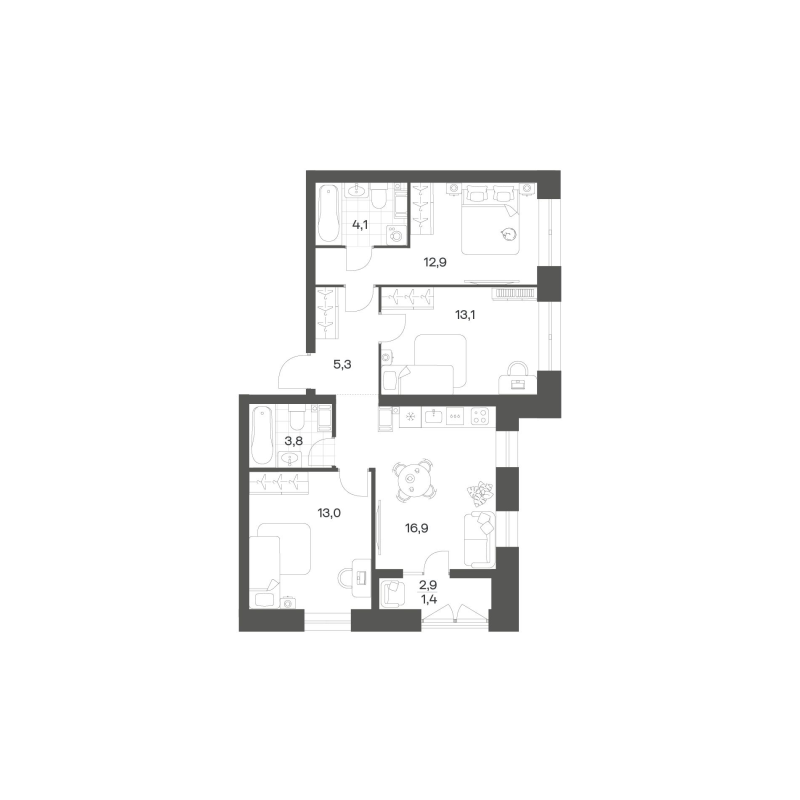 4-комнатная (Евро) квартира, 70.5 м² в ЖК "Новый Питер" - планировка, фото №1