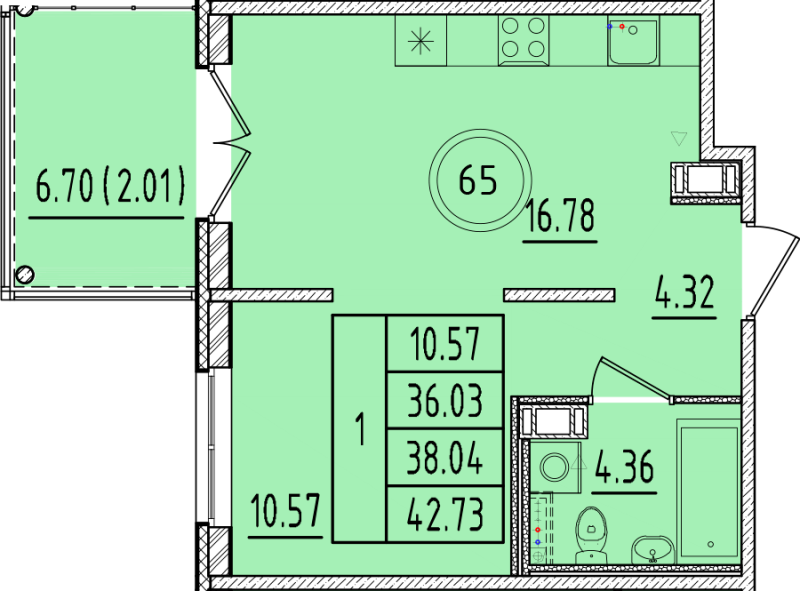 2-комнатная (Евро) квартира, 36.03 м² - планировка, фото №1