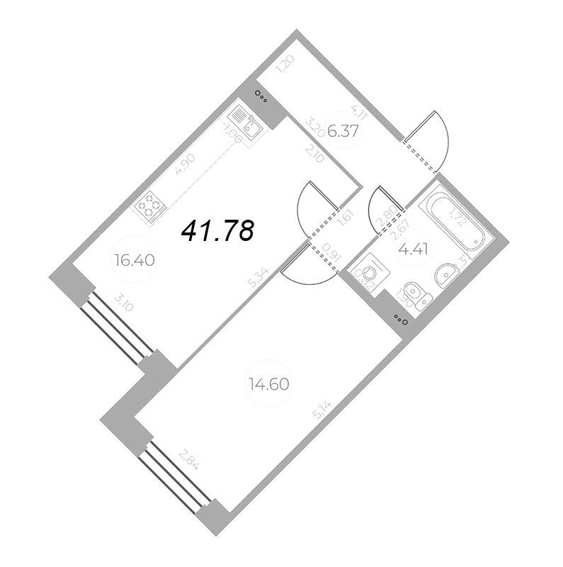 2-комнатная (Евро) квартира, 41.78 м² - планировка, фото №1