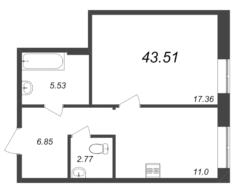 1-комнатная квартира, 43.51 м² - планировка, фото №1